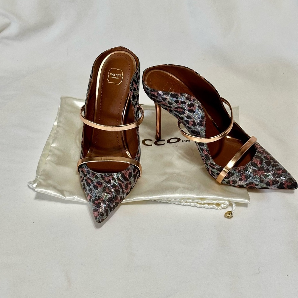 Malone Souliers Leopard Print Maureen Mules with Rose Gold Straps and heel